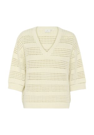 Svetle krémový pletený pulovr s výstřihem do V, krátkými rukávy a strukturovaným vzorem s alternujícími solidními a otevřenými pruhy.
