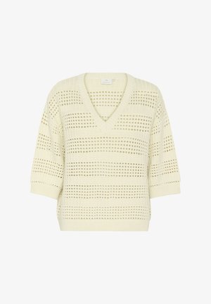 Svetle krémový pletený pulovr s výstřihem do V, krátkými rukávy a strukturovaným vzorem s alternujícími solidními a otevřenými pruhy.