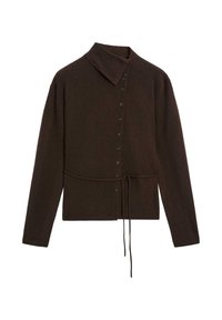 Maglione marrone a maniche lunghe con chiusura a bottoni, colletto e cordoncino in vita. Texture morbida, design minimale e vestibilità classica.