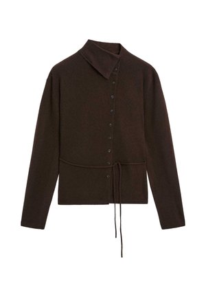 Brązowy sweter z długim rękawem, z zapięciem na guziki z przodu, kołnierzem i sznurkiem w talii. Miękka faktura, minimalistyczny design i klasyczny krój.