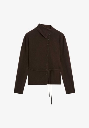 Brun, langærmet sweater med knaplukning foran, krave og snoretræk i taljen. Blød tekstur, minimalistisk design og klassisk pasform.