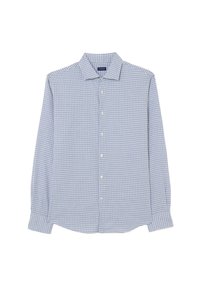 Camicia a maniche lunghe a quadri blu e bianchi con colletto appuntito, patta con bottoni e orlo dritto. Realizzata in tessuto leggero.