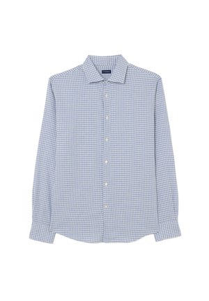 Camisa de manga larga a cuadros azules y blancos con cuello puntiagudo, tapeta de botones y dobladillo recto. Fabricada con tela ligera.