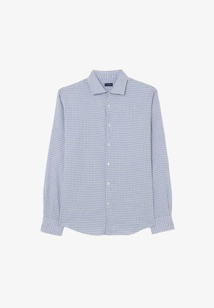 Camisa de manga larga a cuadros azules y blancos con cuello puntiagudo, tapeta de botones y dobladillo recto. Fabricada con tela ligera.
