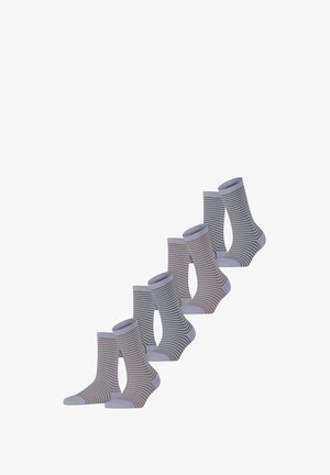 Gestreifte Socken in Grautönen und Braun, mit geripptem Bund und glatter Textur, diagonal angeordnet.