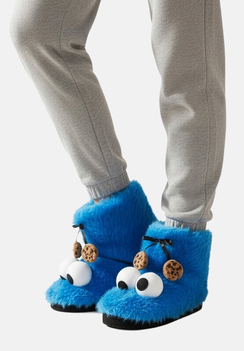 Piedi con pantofole pelose blu brillante con grandi occhi mobili e ciondoli a forma di biscotto pendenti, abbinati a pantaloni della tuta grigi.