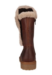 Braune Lederstiefel mit einem plüschigen, mit Fell gefütterten Schaft. Verfügt über einen seitlichen Reißverschluss und eine strukturierten Gummisohle. Langlebig und für Wärme ausgelegt.