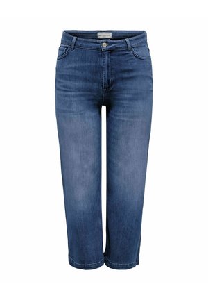 Mellemblå cropped straight-leg cowboybukser med knap foran, lynlås, bæltestropper og forlommer.