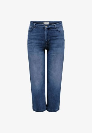 Keskmise sinise tooniga lühendatud sirge säärega teksapüksid, ees kinnitusnupp, lukk, vööaasad ja ees taskud.