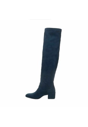 Bottes au-dessus du genou en suède bleu foncé avec une texture lisse, bout arrondi et talon carré. Pas de marquage visible ni de garnitures.