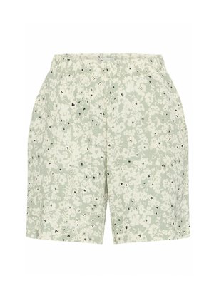 Lichtgroene shorts met een wit bloemenpatroon en kleine zwarte accenten; elastische tailleband; zacht, lichtgewicht materiaal; relaxte pasvorm.