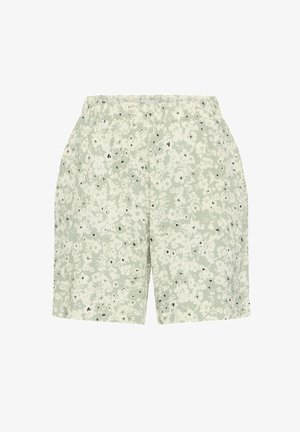 Shorts vert clair avec un motif floral blanc et de petits accents noirs ; taille élastique ; tissu doux et léger ; coupe décontractée.