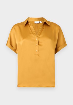 Short-sleeve mustard yellow satin blouse with collar and three-button placket, featuring folded sleeve cuffs.