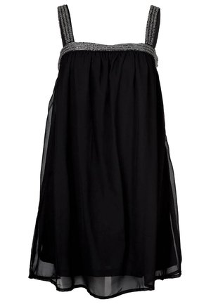 Robe noire sans manches avec un design froncé et un voile transparent. Le haut est orné de perles grises le long des bords des bretelles pour plus de détails.