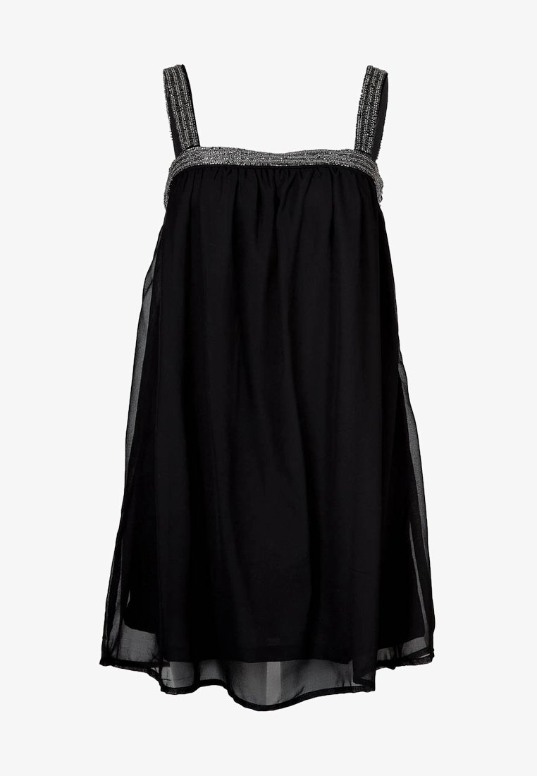 Robe noire sans manches avec un design froncé et un voile transparent. Le haut est orné de perles grises le long des bords des bretelles pour plus de détails.
