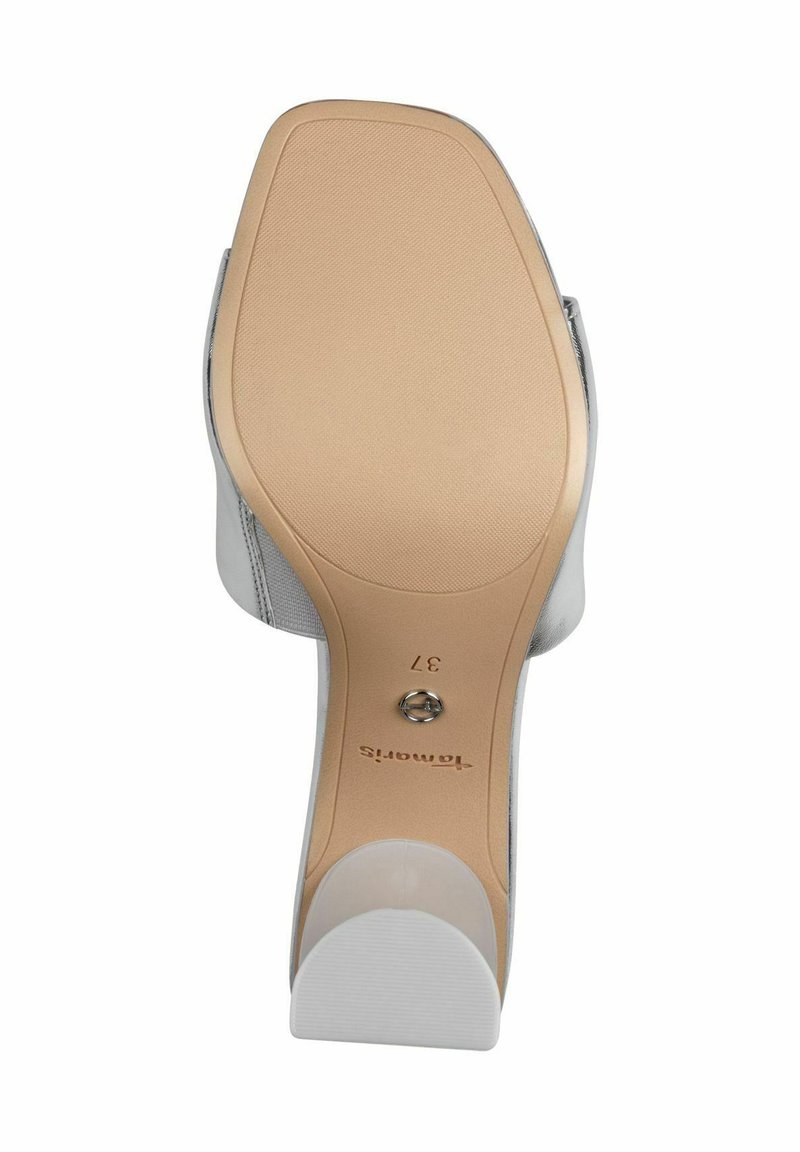 Absatzschuhsohle, beige mit strukturiertem Finish, geprägt mit "37" und Logo. Konturierte Form mit leicht spitzem Zehenbereich und glatten Kanten.