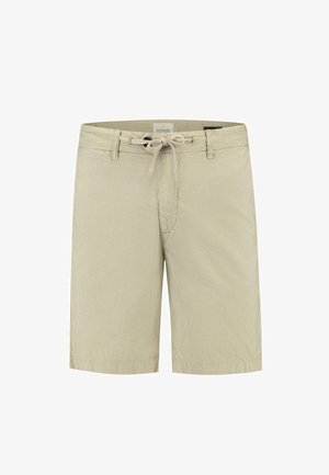 Beige stribede shorts lavet af letvægtsstof, med en snøre i livet, forlommer og en afslappet pasform, ideelle til afslappet brug.