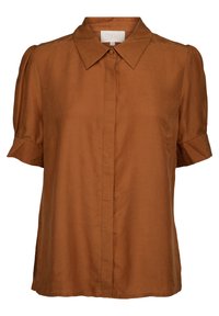 Brown short-sleeve button-up shirt with a collared neckline, made of a smooth fabric featuring subtle texture and soft, rolled sleeves.