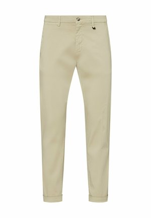 Beige Slim-Fit-Hose mit Knopf vorne, Reißverschluss, Gürtelschlaufen und umgeschlagenen Säumen.
