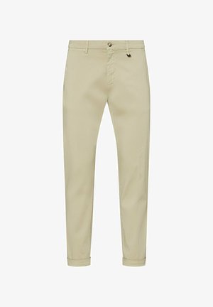 Beige Slim-Fit-Hose mit Knopf vorne, Reißverschluss, Gürtelschlaufen und umgeschlagenen Säumen.