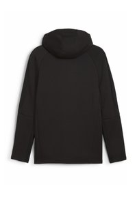Felpa nera con una texture liscia, dotata di cappuccio, maniche raglan e pannelli laterali in rete. La vista posteriore mostra un design minimalista.