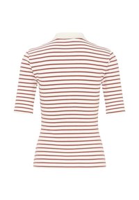 Weißes Hemd mit horizontalen rostfarbenen Streifen, kurzen Ärmeln und weißem Kragen, von hinten auf weißem Hintergrund dargestellt.