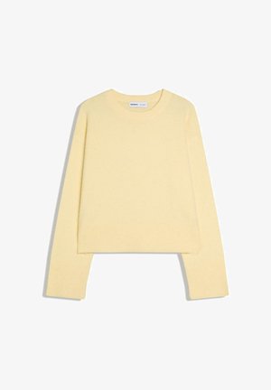 Pull en maille jaune clair à manches longues avec poignets et ourlet côtelés, encolure ronde et coupe régulière.