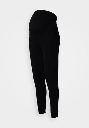 Black maternity joggers with a stretchy, gathered waistband, side pockets, and cuffed ankles, made from soft, flexible fabric.
