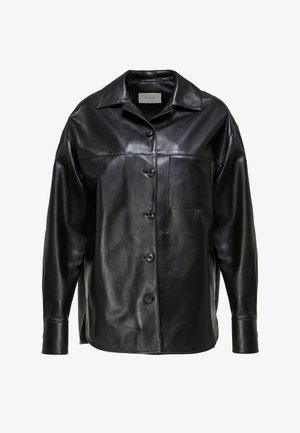 Black faux leather button-up shirt with collar, long sleeves, and a single chest pocket, shown on a white background.
