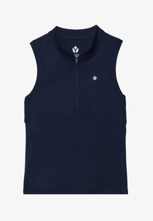 Tumes sinine ilma varrukateta sportlik särk, mis on valmistatud venivast kangast, sisaldab eesmist tõmblukk ja ümarat kraed ning rindkere peal on väike logo.