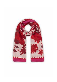 Écharpe florale avec des fleurs rouges sur fond clair, ornée d'accents roses et d'une bordure à motif, fabriquée en tissu léger.