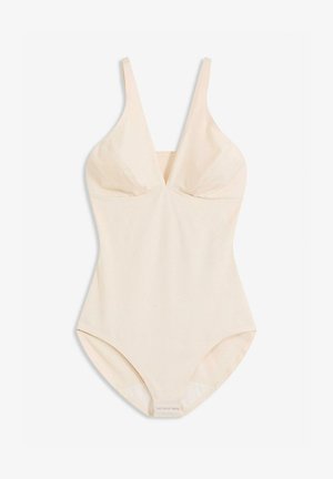 Costume da bagno intero color beige chiaro con scollatura a V profonda, spalline sottili e regolabili, e tessuto morbido ed elasticizzato. Texture liscia senza motivi o dettagli.