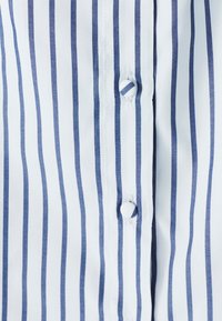 Nööbiga särk, millel vertikaalsed sinised ja valged triibud, valmistatud siledast kangast. Ees on klapp ümmarguste nööpidega.