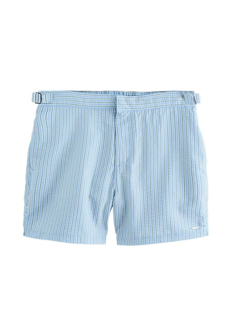 Light blue striped swim shorts featuring an adjustable waistband and side pockets. Made from a smooth, quick-drying fabric.