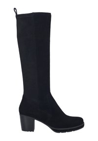 Zwarte kniehoge laars van suède met een blokhak, afgewerkt met stikdetails en een lus aan de bovenkant voor gemakkelijk aan- en uittrekken. Rubberen zool.