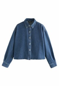 Jeansjacka i medelblå, med knäppning framtill, krage och långa ärmar med elastiska mudd. Korta ärmar, texturerad tyg.