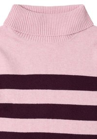 Pull à col roulé rose clair avec des rayures horizontales violet foncé. Col côtelé et texture douce. Pas de motifs ou accents supplémentaires.