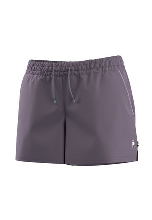 Pantalones cortos con cinturilla elástica morada con cordón, bolsillos laterales y un pequeño logo blanco de robot en la parte inferior de la pierna derecha.