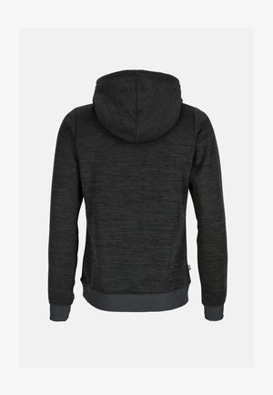 Donkergrijze hoodie van een gestructureerde stof, met een trekkoordkap, ribbels aan de mouwen en onderkant, en voorzien van een klein logoplaatje aan de zijkant.