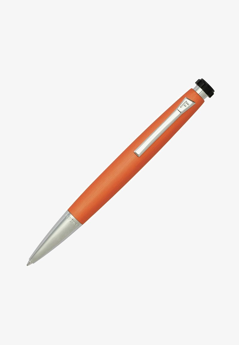 Orange metalpen med mat finish, sølvclip og kromtip. Har en slank, forlænget form med et tekstureret greb.