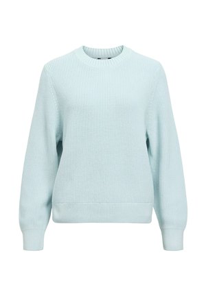 Lyseblå ribstrikket sweater med lange ærmer, rund halsudskæring og en tekstureret finish. Har en afslappet pasform og blødt strikmateriale.