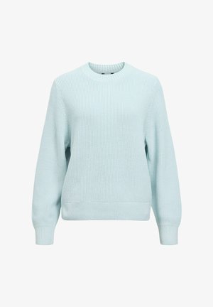 Suéter azul claro acanalado con mangas largas, cuello redondo y acabado texturizado. Presenta un ajuste relajado y un material de punto suave.