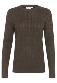 Pull en maille côtelée marron avec manches longues, col rond et texture subtile. Les étiquettes indiquent la marque "Saint" et la taille "M".