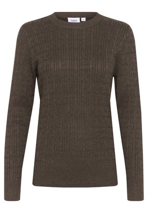 Maglione a coste marrone con maniche lunghe, scollatura rotonda e consistenza sottile. Le etichette indicano il marchio "Saint" e la taglia "M".