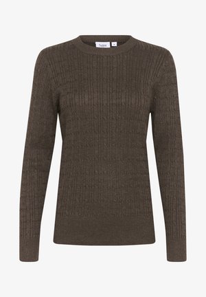Pull en maille côtelée marron avec manches longues, col rond et texture subtile. Les étiquettes indiquent la marque "Saint" et la taille "M".