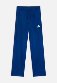 Marinblå idrottsbyxor med elastisk midja och snörning. Har en vit Adidas-logga på vänster lår. Snyggt tyg med slät textur.