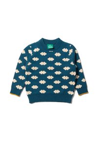 Maglione a maglia color teal con motivi a nuvola bianchi, collo rotondo e maniche lunghe. Presenta un bordo giallo a contrasto ai polsini e all'orlo.