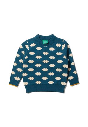 Maglione a maglia color teal con motivi a nuvola bianchi, collo rotondo e maniche lunghe. Presenta un bordo giallo a contrasto ai polsini e all'orlo.