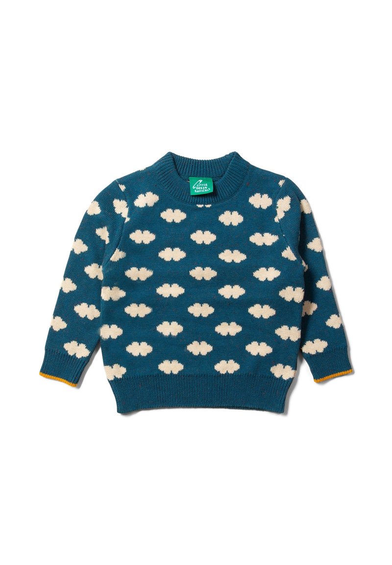 Maglione a maglia color teal con motivi a nuvola bianchi, collo rotondo e maniche lunghe. Presenta un bordo giallo a contrasto ai polsini e all'orlo.