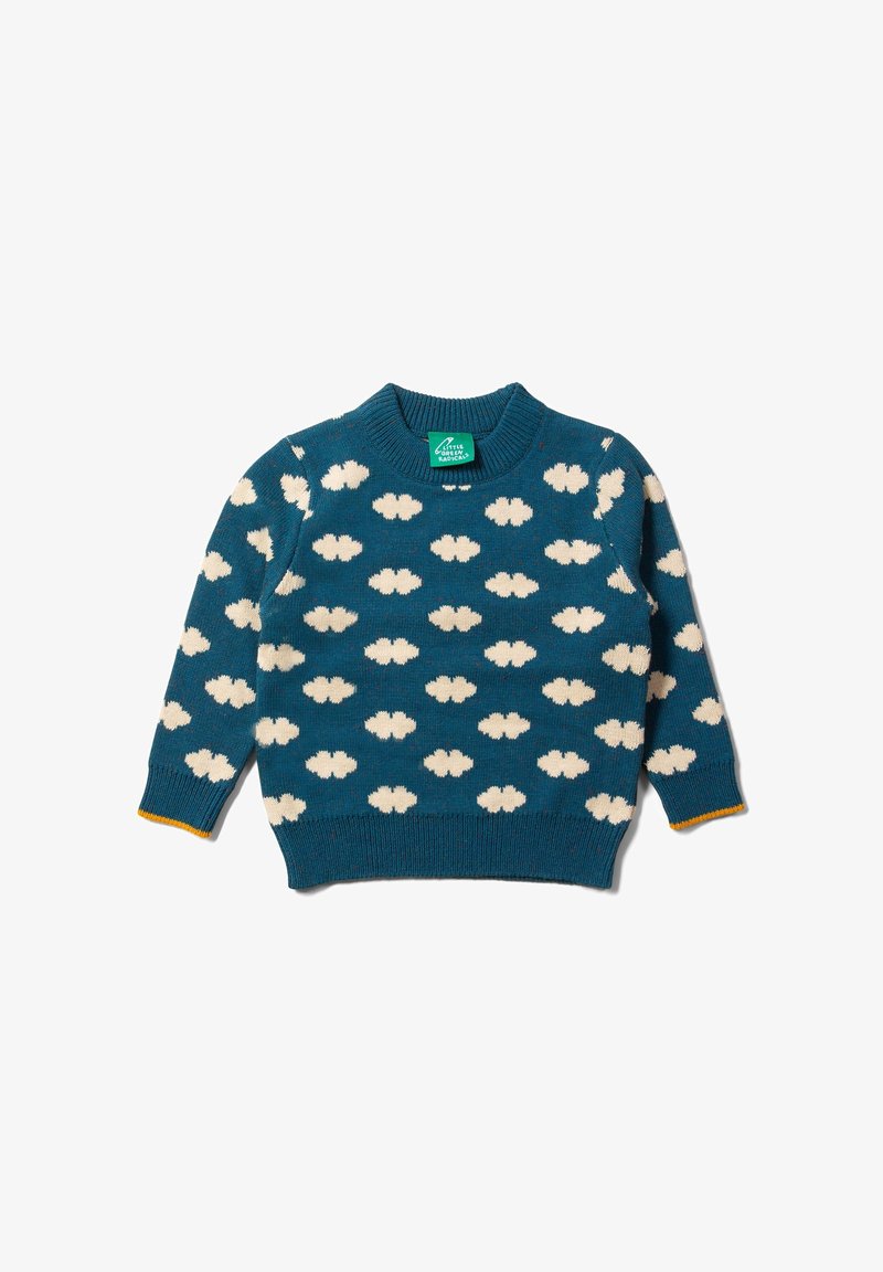 Maglione a maglia color teal con motivi a nuvola bianchi, collo rotondo e maniche lunghe. Presenta un bordo giallo a contrasto ai polsini e all'orlo.